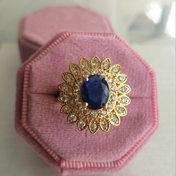 Swarovski Jewelry - Swarovski Elements Gold Plated Oval Sapphire Blue Halo Ring NWT
